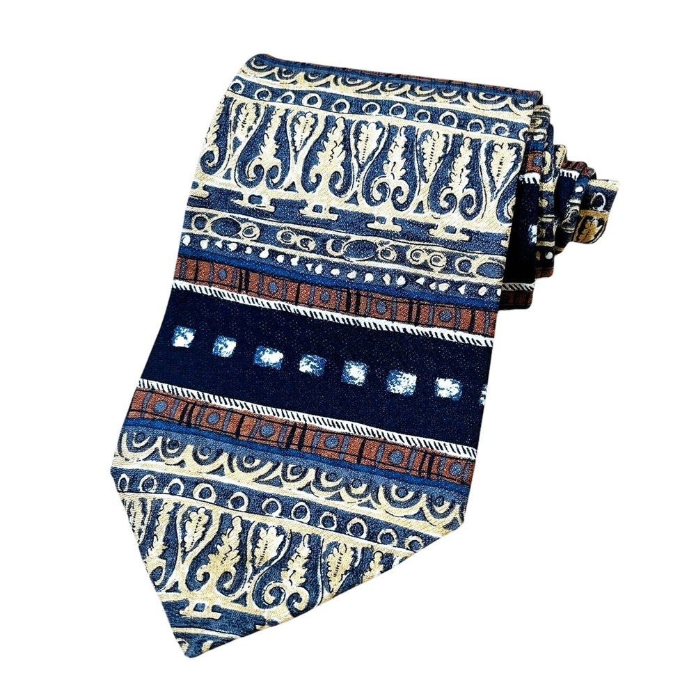 Vintage Guess Neck Tie 100% Silk Black & Gold Geometric Pattern USA Made